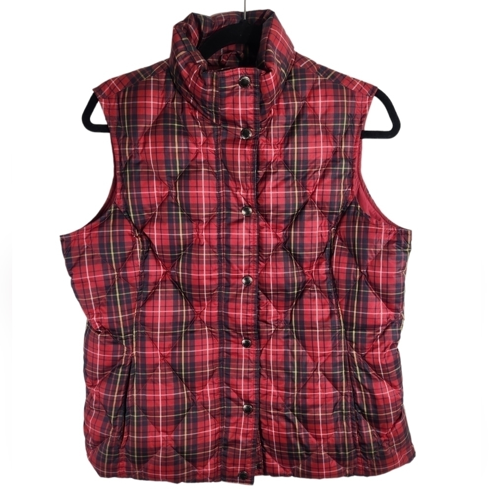 Lands End Womens Red Plaid Quilted Down Puffer Vest Size Small